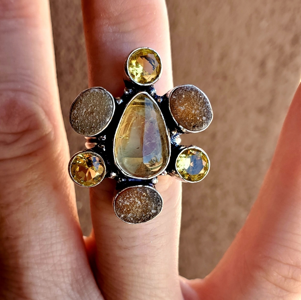 New Golden Rutile, Druzy & Citrine 925 Silver Ring.